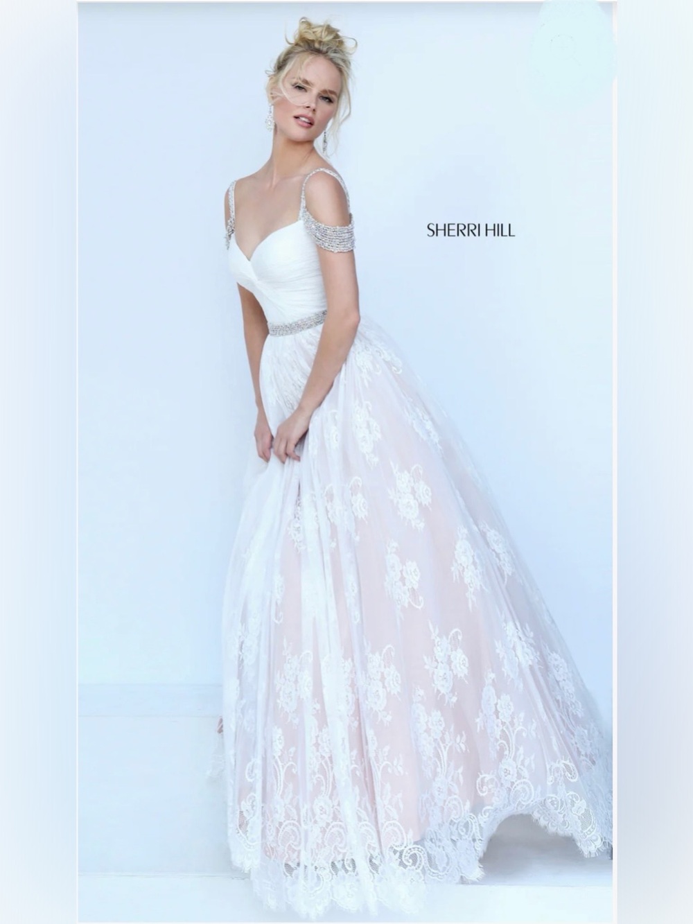 NWT $750 Sherri Hill White Lace Ball Gown with Jeweled Straps Maxi Dress 50595